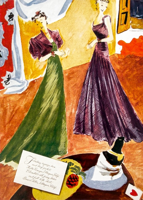 Colour fashion illustration by Simeon Braguin, with women in evening dresses, 1930s.