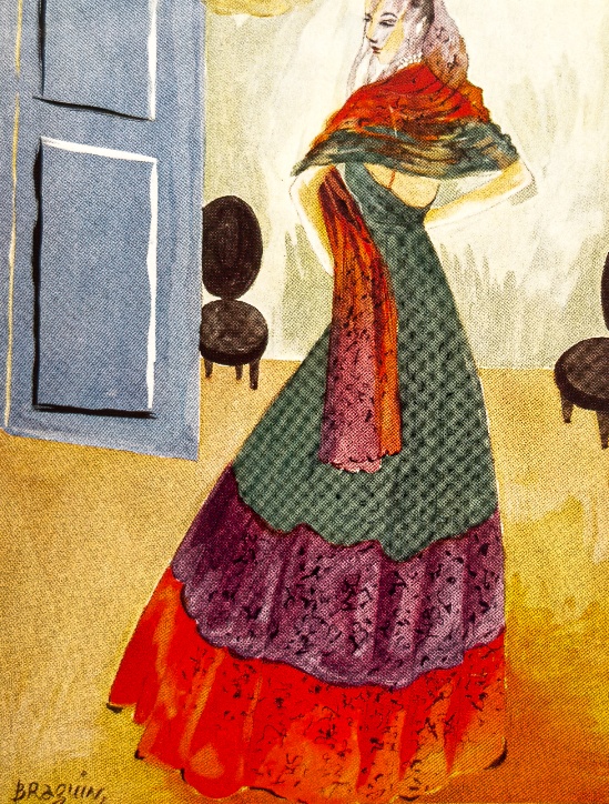 Colour fashion illustration by Simeon Braguin, with a woman beside a blue door, 1930s.