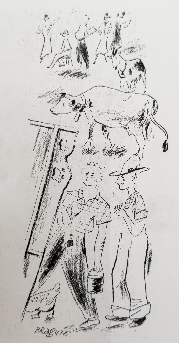 Braguin pen-and-ink illustration of summer theatre performers, 1930s.