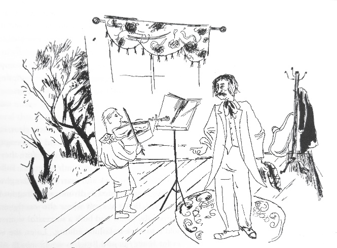 Braguin illustration showing a violin lesson, 1930s.