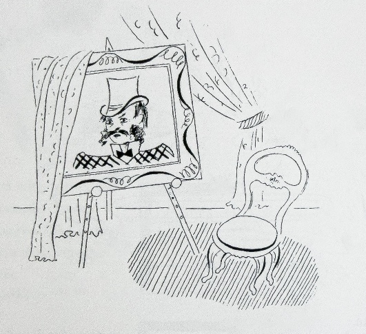 Braguin illustration of a painting on an easel and a chair, 1934.