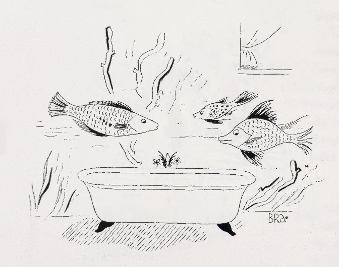 Braguin illustration of a bathroom decorated with fish, 1934.