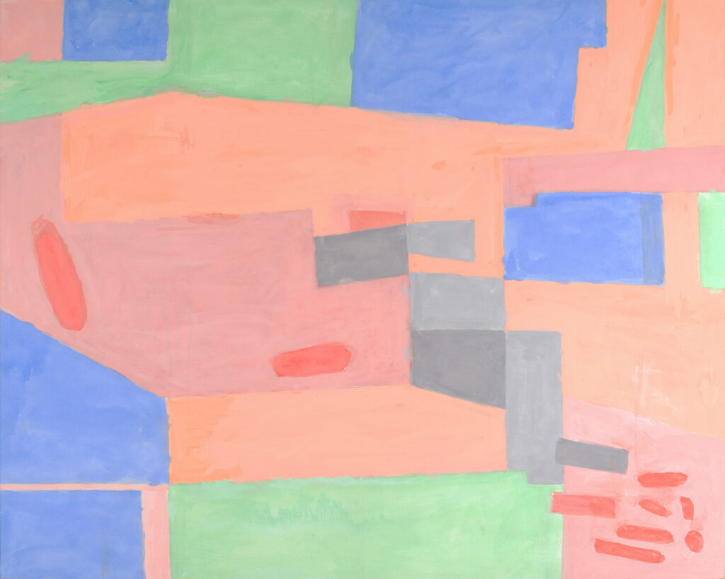 Abstract composition featuring soft geometric shapes in blue, green, coral, grey, and red hues on canvas.