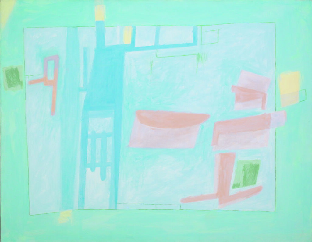 Abstract composition with soft aqua blue and green background accented by pale pink and pastel geometric shapes in acrylic on canvas.