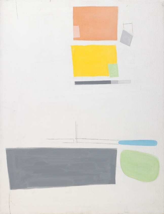 Abstract acrylic painting featuring rectangles and shapes in muted orange, yellow, gray, blue, and green on white canvas by Simeon Braguin.