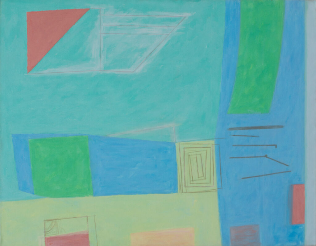 Abstract composition by Simeon Braguin featuring geometric shapes in muted blue, green, red, and yellow acrylic on canvas.