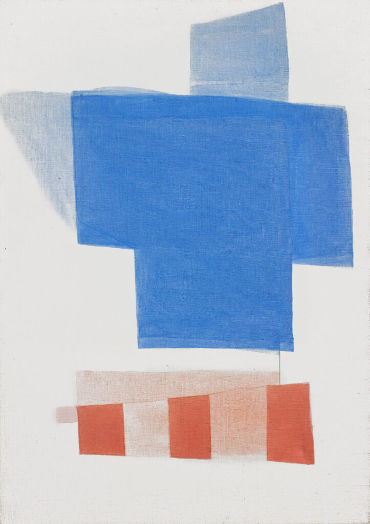 Abstract geometric composition with overlapping translucent blue rectangles above a smaller set of light peach and orange rectangles on white canvas.