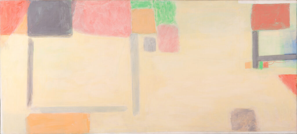 Abstract acrylic on canvas featuring soft pastel blocks and lines in peach, coral, gray, green, and lavender on a light beige background.