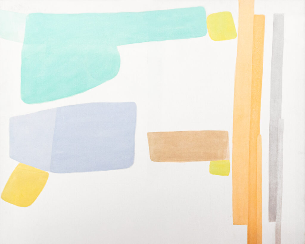 Abstract acrylic painting by Simeon Braguin with soft pastel blocks and linear shapes in green, blue, beige, yellow, orange, and gray on white canvas.