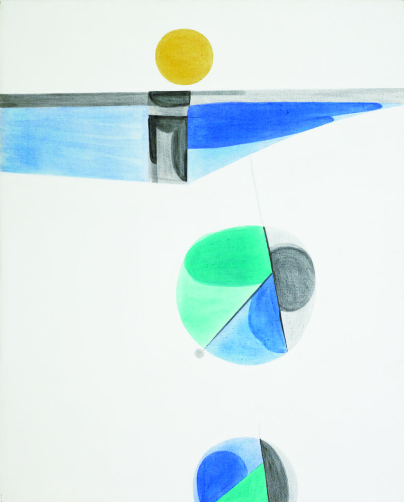 Abstract acrylic on canvas with geometric shapes including a yellow circle and segmented spheres in blue, green, and gray on white background.
