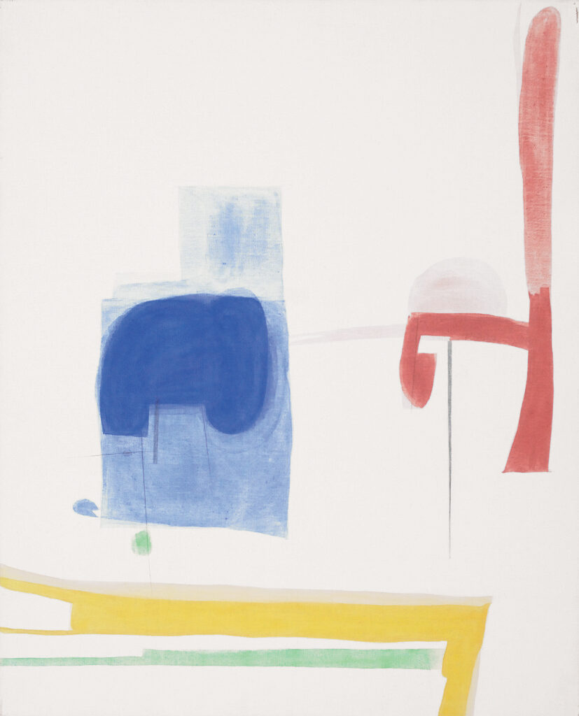 Abstract composition with blocks of blue, red, yellow, and green on a white linen background, featuring fluid shapes and subtle layering in acrylic.
