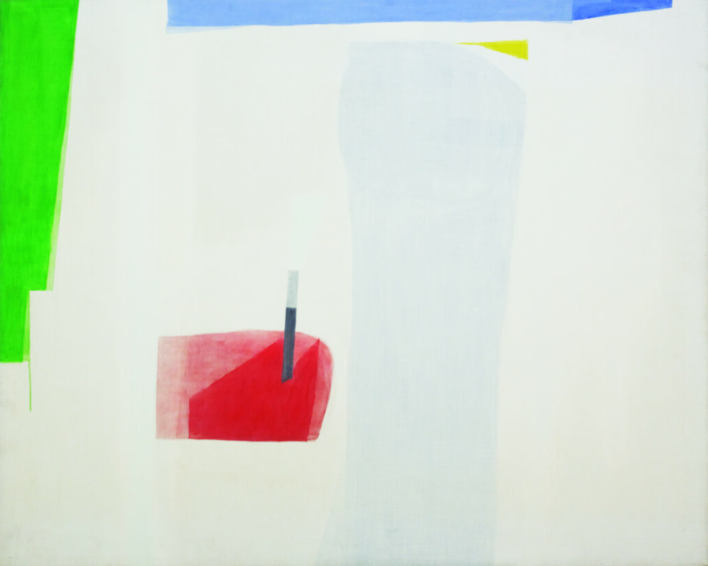 Abstract composition with geometric shapes in green, red, blue, and gray on a white linen background, acrylic on linen by Simeon Braguin.