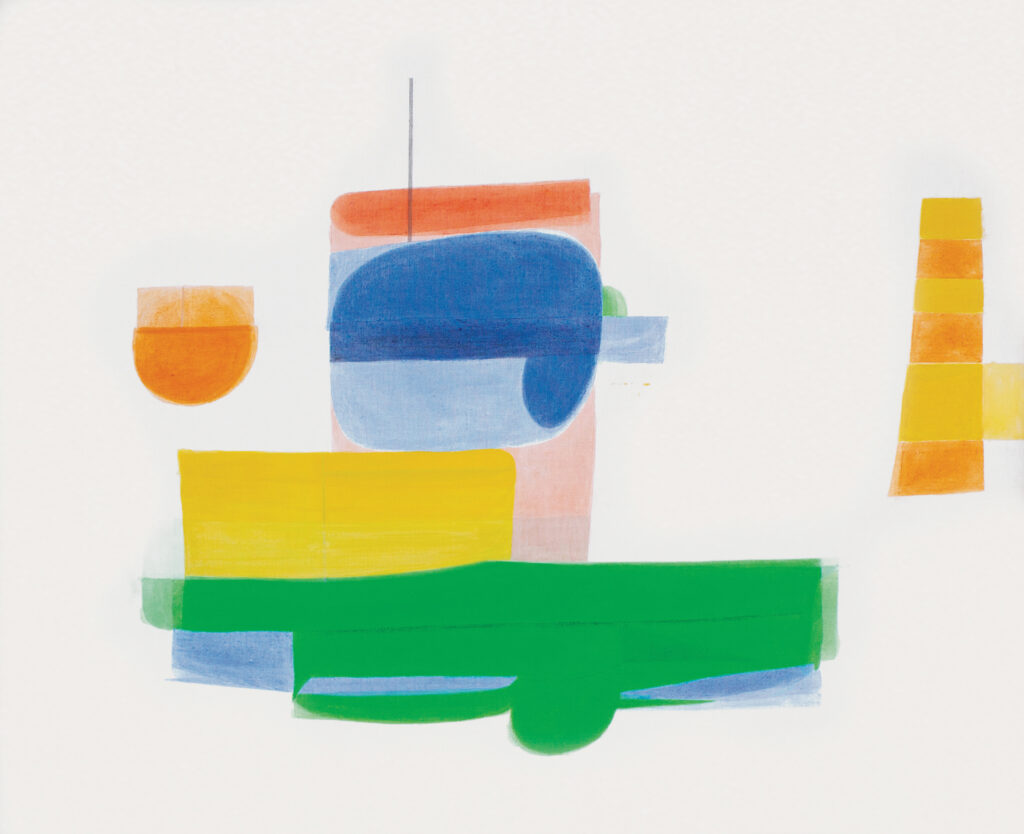Abstract composition with layered shapes in blue, green, yellow, and orange on a white linen background by Simeon Braguin.