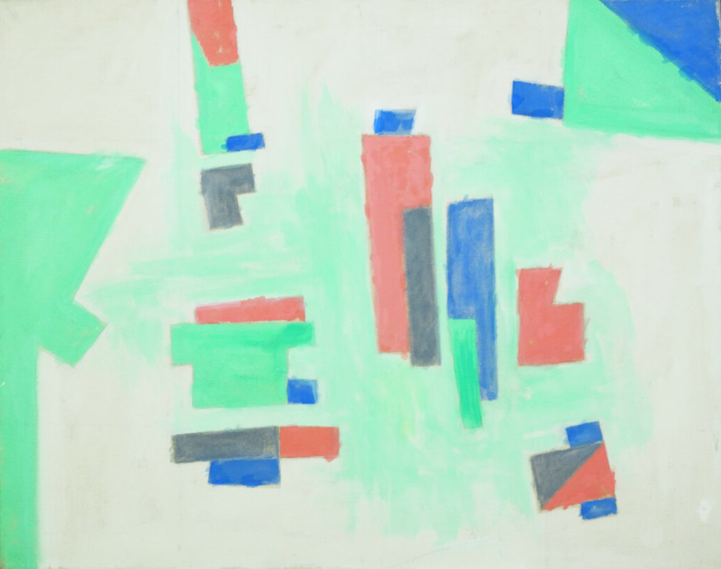 Abstract composition with organic mint green shapes and blocks of coral, blue, and gray on a pale off-white background in acrylic on canvas.