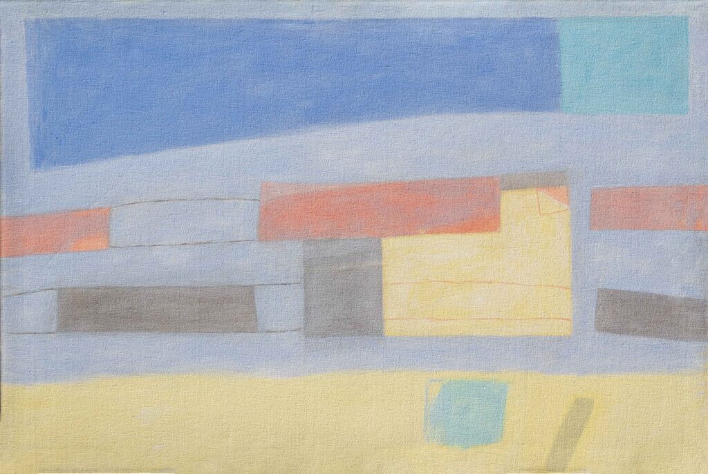Abstract geometric composition in soft blue, beige, gray, orange, and yellow tones rendered in acrylic on canvas.