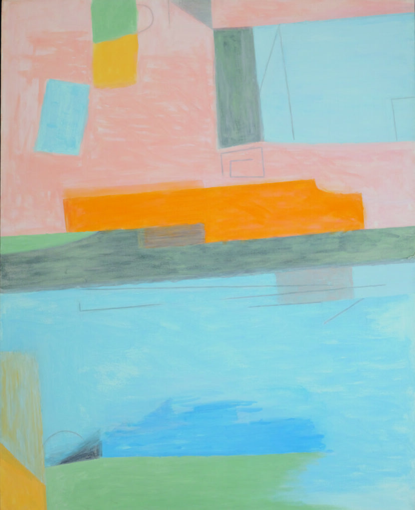 Abstract composition by Simeon Braguin with geometric shapes in pastel blues, greens, orange, and soft peach acrylic on canvas.