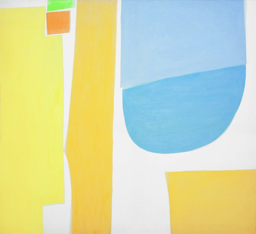 Abstract composition by Simeon Braguin with large blocks of yellow, orange, and blue shapes on a white background in acrylic on canvas.