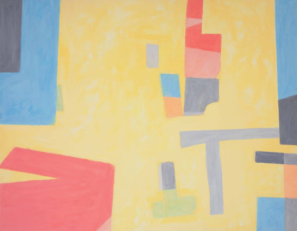 Abstract acrylic painting with soft yellow background featuring geometric shapes in red, blue, gray, peach, and green arranged harmoniously on canvas.