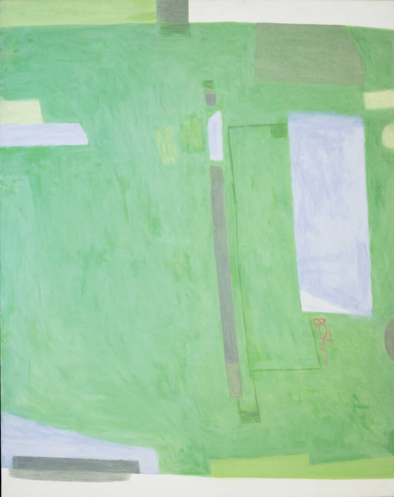 Abstract acrylic painting with a soft green ground interspersed with muted rectangles of gray, white, and light purple, featuring subtle linear details and a small red mark.