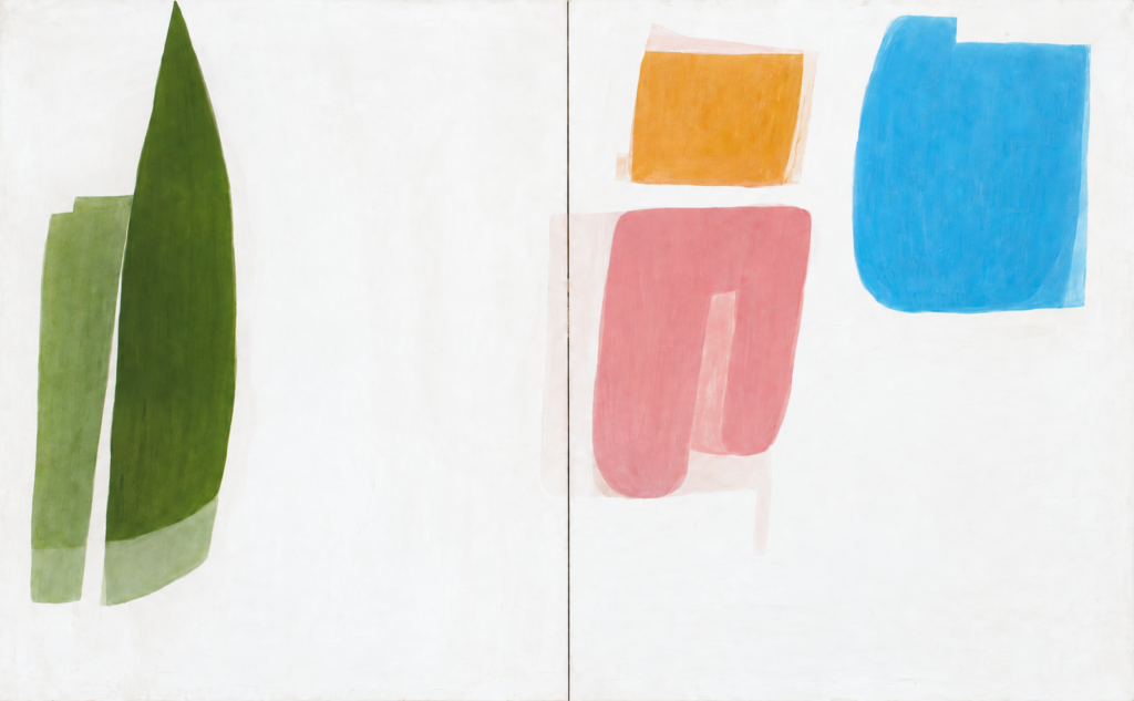 Untitled Parts 5 and 6, Diptych, 1970, by Simeon Braguin, with green, pink, blue and yellow forms on a pale ground.