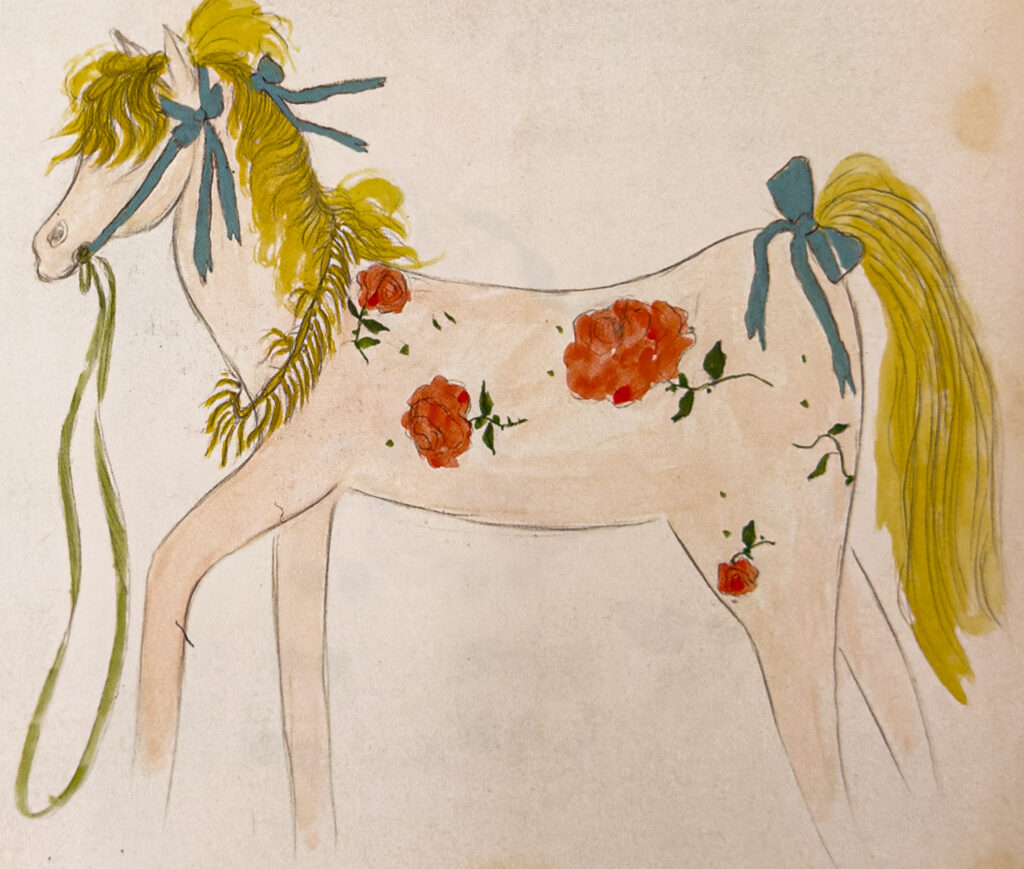 Playful horse watercolor by Simeon Braguin, 1930s.