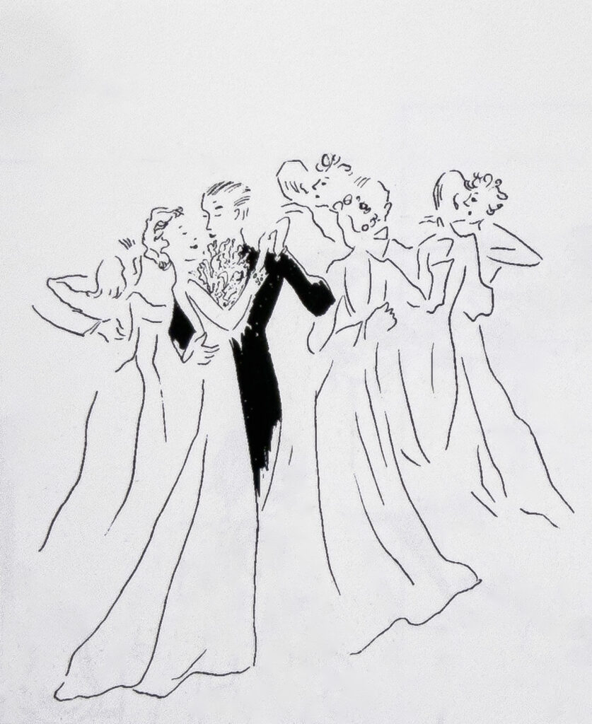 Dancing Couples, Simeon Braguin’s pen-and-ink illustration for Vogue from the 1940s.