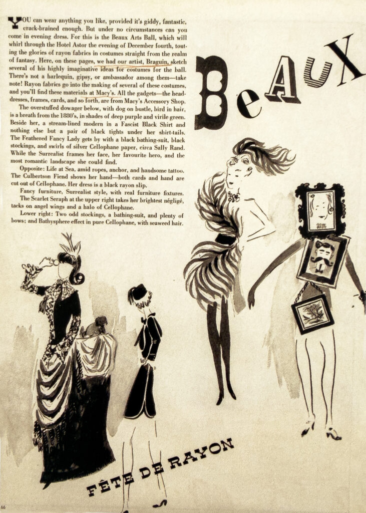 Left page of Simeon Braguin’s Beaux Arts Ball spread for Vogue, circa 1935.