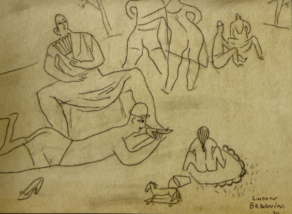 Pencil figure study by Simeon Braguin, with seated and reclining figures, 1930.