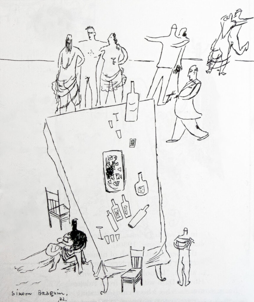 Party, a pen-and-ink drawing of guests around a long table by Simeon Braguin, 1932.