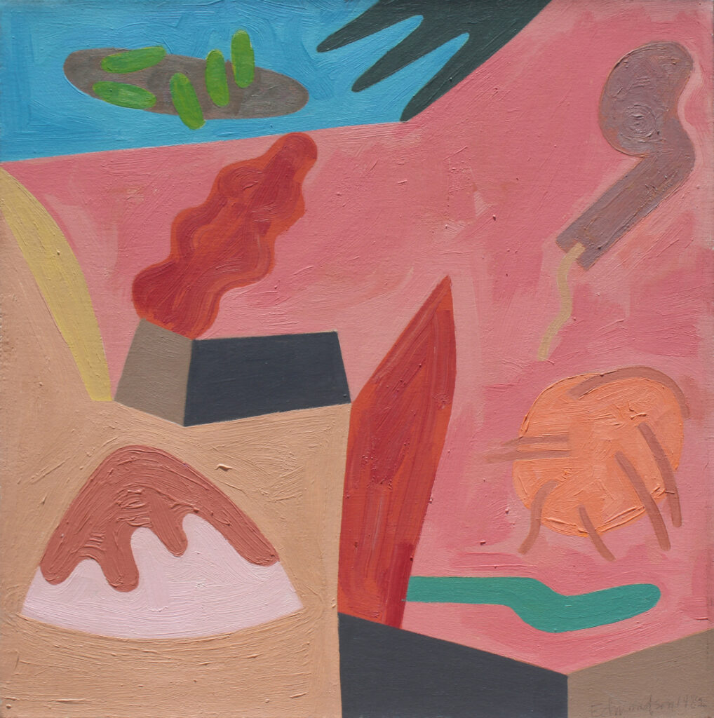 Abstract composition by Leonard Edmondson featuring warm pinks, reds, and beige shapes with hints of blue and green on a 24x24 inch canvas.