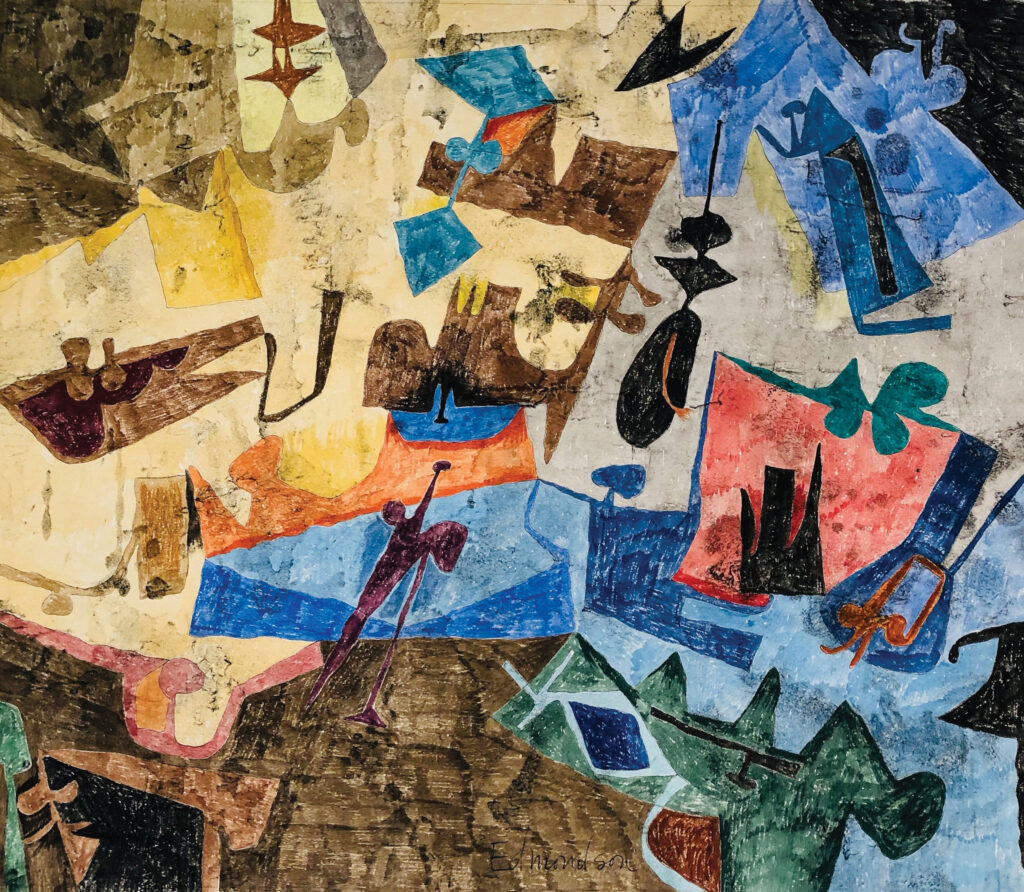 Abstract watercolor composition featuring geometric and organic forms in earth tones, blue, and red by Leonard Edmondson, circa 1950.