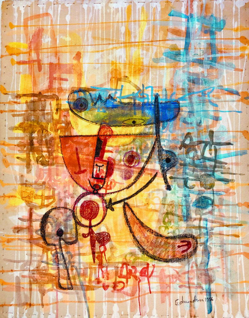 Abstract watercolor on paper in warm oranges, reds, blues, and yellows featuring overlapping geometric and organic shapes with delicate white vertical drips.