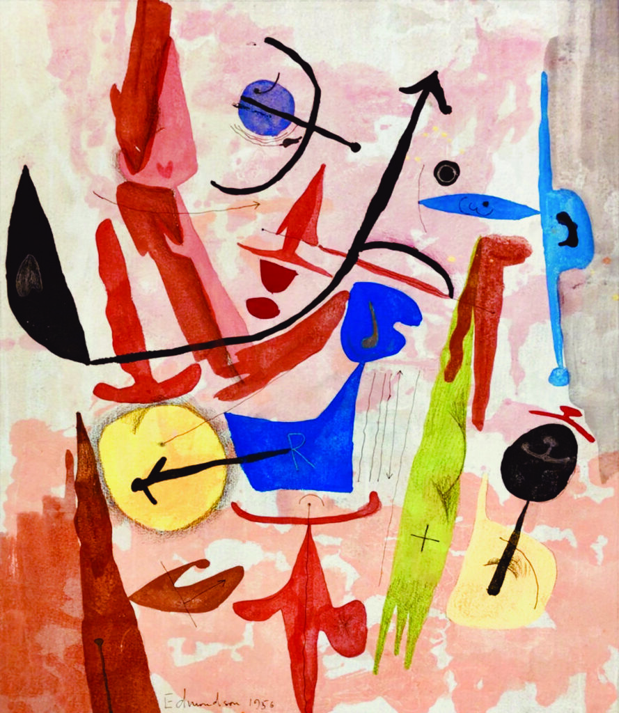 Abstract composition with organic forms in red, blue, yellow, green and black ink and watercolor on paper by Leonard Edmondson from 1956.