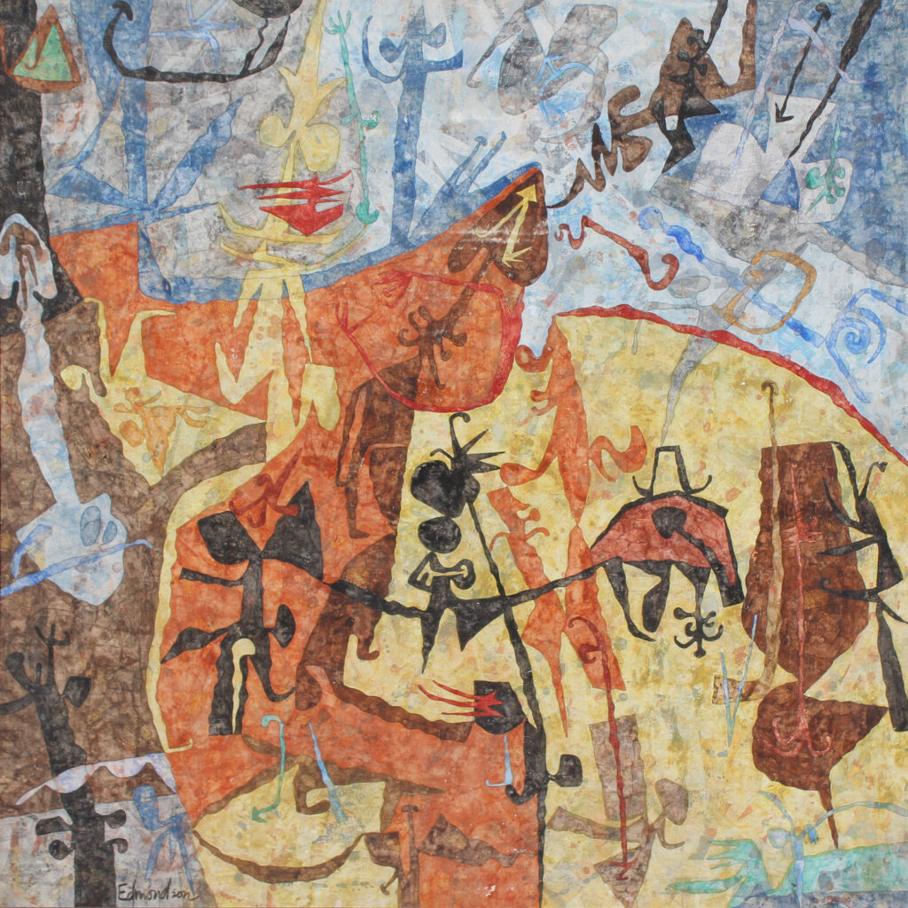 Abstract composition with layered shapes and figures in muted earth tones of orange, yellow, brown, blue, and black on a textured surface.