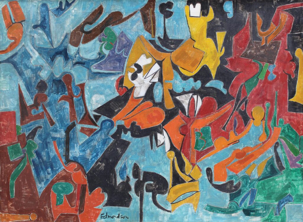 Abstract composition with fragmented, interlocking shapes in blue, red, yellow, green, black, and orange, evoking a dynamic scene with sharp contrasts.