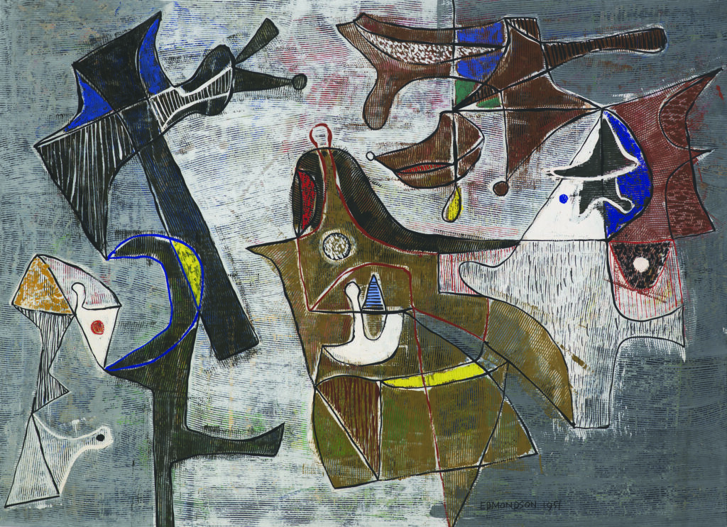 Abstract composition by Leonard Edmondson featuring dynamic, intersecting linear shapes in black, blue, brown, white, and yellow on a textured grey background.