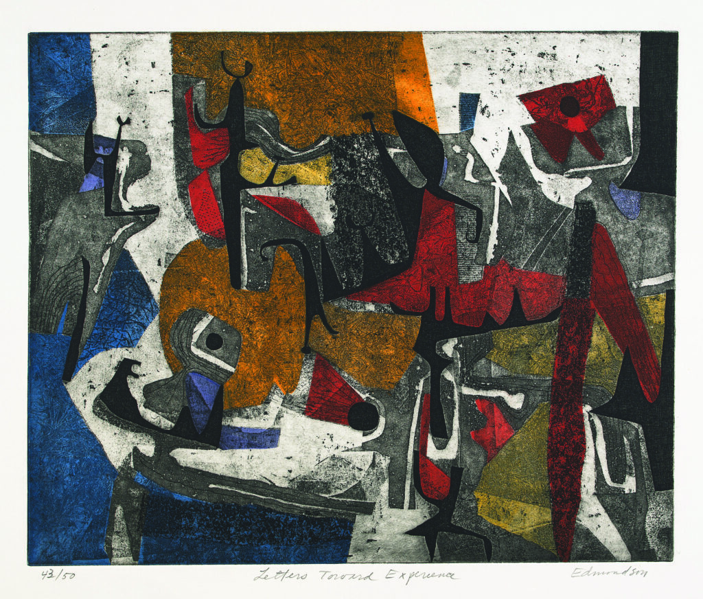 Abstract composition in muted black, red, orange, blue, and yellow shapes with textured patterns by Leonard Edmondson.