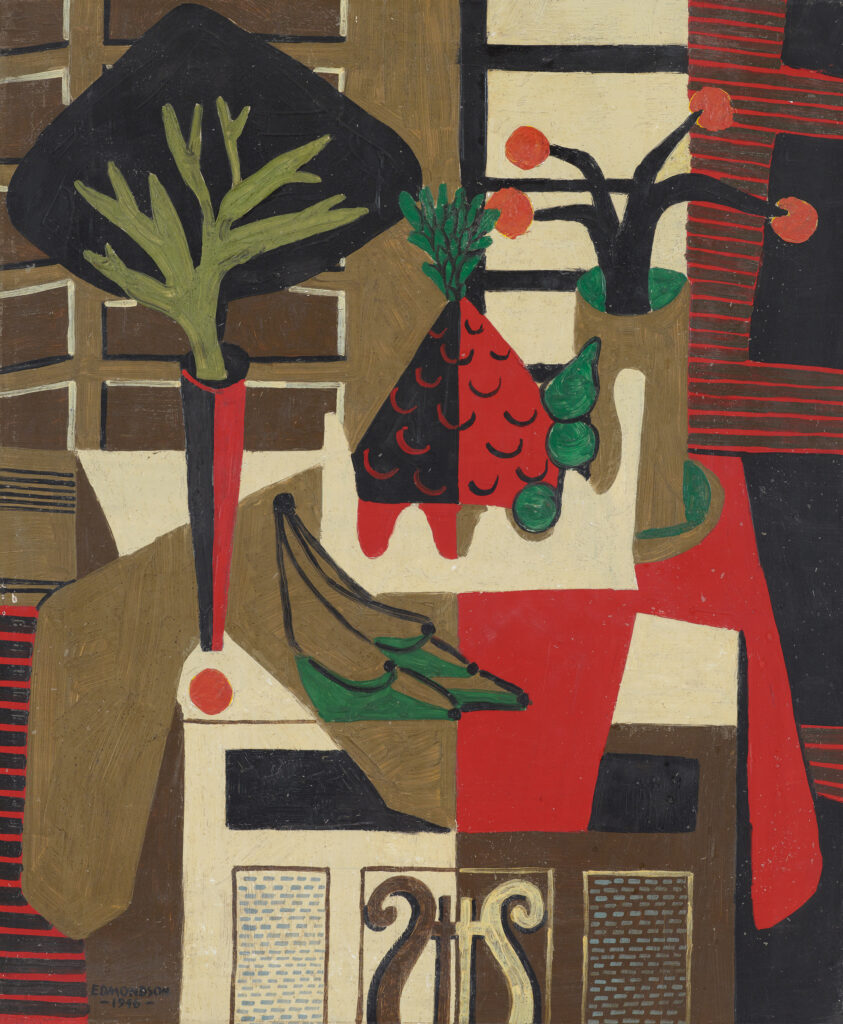 Leonard Edmondson abstract still life oil on panel featuring geometric shapes, stylized plants, and bold red, green, black, and brown tones.