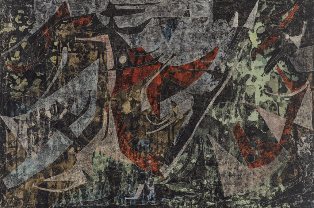 Abstract composition with overlapping geometric and organic shapes in muted greys, olive greens, deep reds, and black, oil on panel artwork by Leonard Edmondson.
