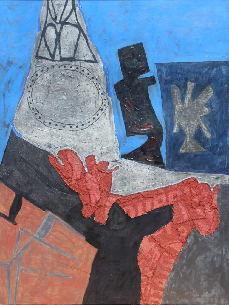 Abstract composition by Leonard Edmondson featuring textured red burlap shapes, black geometric figures, and a vibrant blue background on canvas.