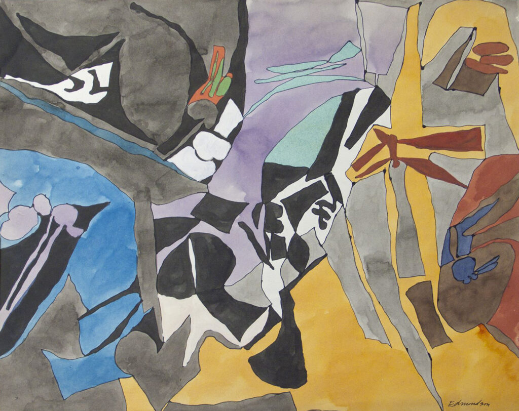 Abstract composition with angular shapes and muted colors including grey, blue, yellow, and purple, tempera on paper by Leonard Edmondson.