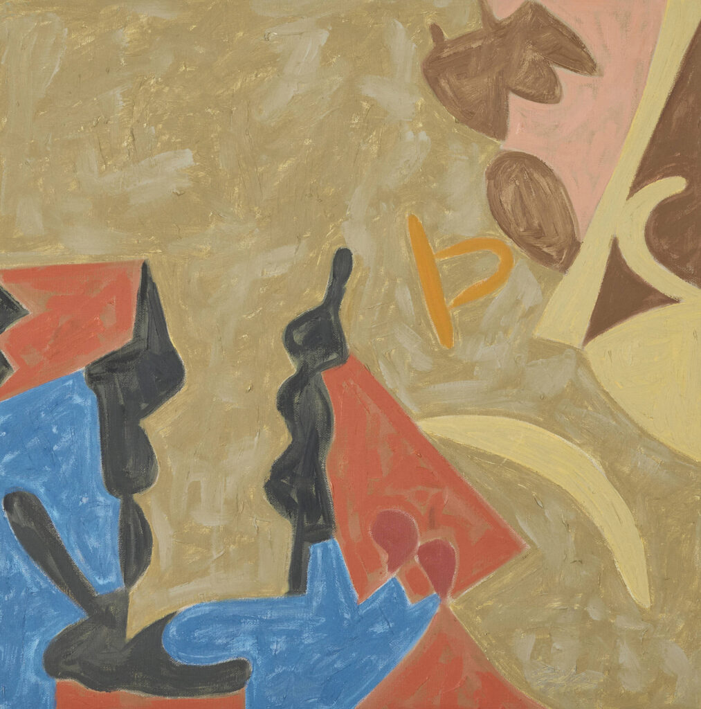 Abstract composition by Leonard Edmondson featuring vibrant shapes and colors in blue, green, pink, brown, and yellow acrylic on canvas.