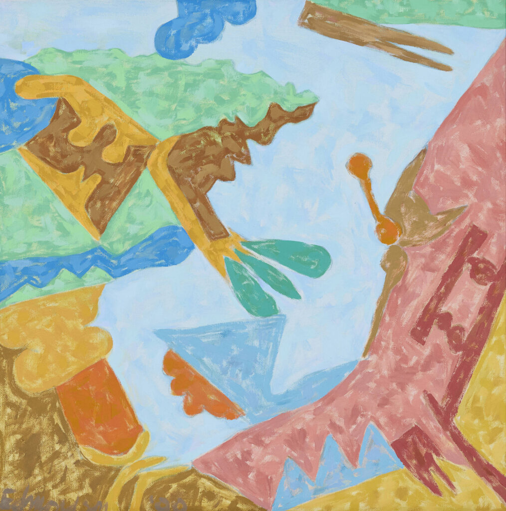 Abstract acrylic painting by Leonard Edmondson from 1990 with irregular shapes in blue, green, brown, orange, and pink on a light blue background.