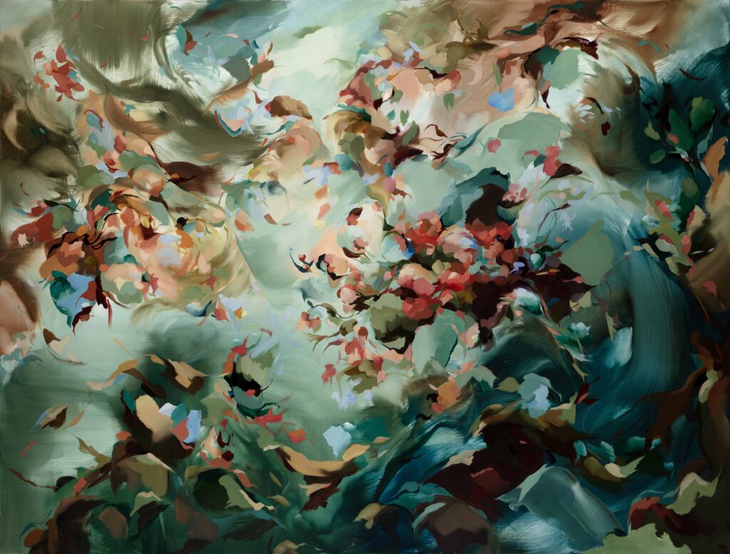 Abstract oil painting featuring swirling forms and fragmented shapes in teal, coral, and brown tones conveying dynamic, fluid movement on linen canvas.
