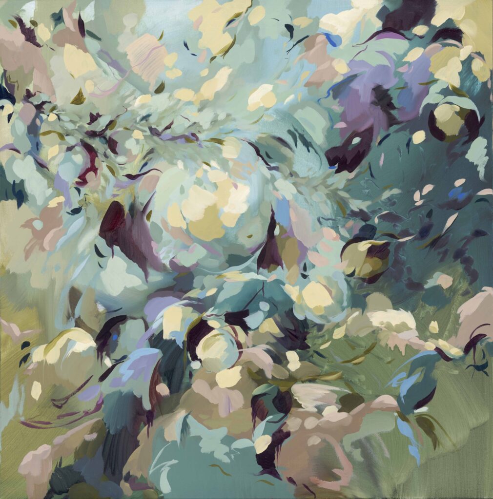 Abstract floral composition in soft pinks, greens, and blues rendered with expressive, fluid brushstrokes on linen canvas by Amy Magee.