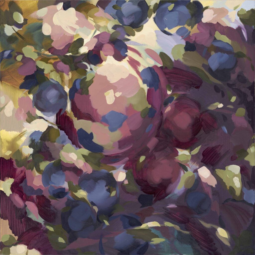 Abstract oil painting with swirling forms in shades of purple, blue, pink, green, and cream on linen canvas, suggesting clusters of organic shapes.
