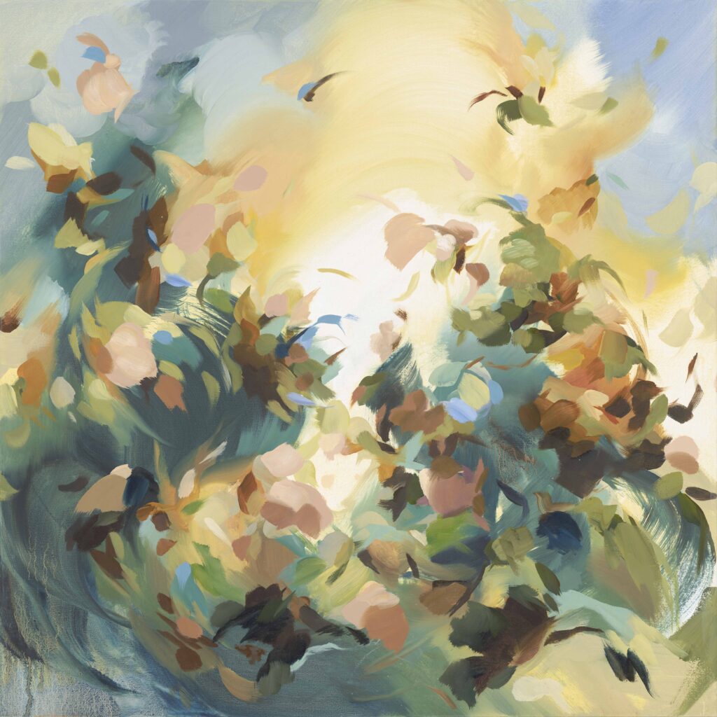 Abstract oil painting featuring swirling brushstrokes of green, blue, yellow, and peach tones on linen canvas, evoking organic forms and movement.