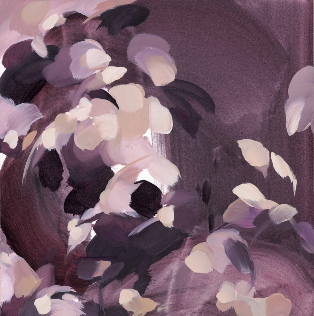 Abstract floral study in shades of plum, lavender, and soft pink, with fluid brushstrokes on a square canvas.