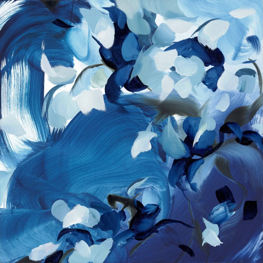 Abstract floral composition with swirling blue, white, and black brushstrokes evoking petals in motion on a 12x12 inch oil on gessoboard.
