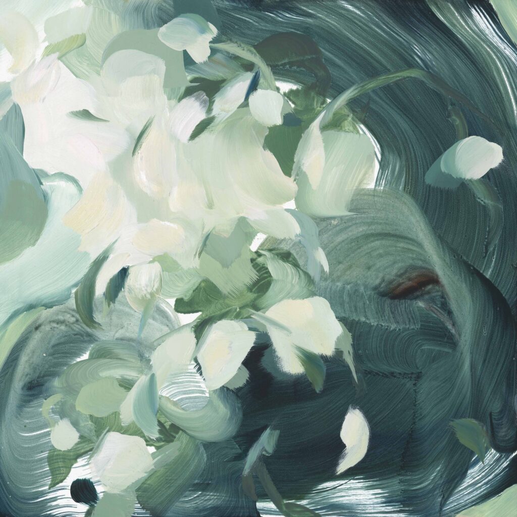 Abstract oil painting with swirling petals and leaves in shades of green, cream, and white on a 12x12 inch cradled gessoboard.